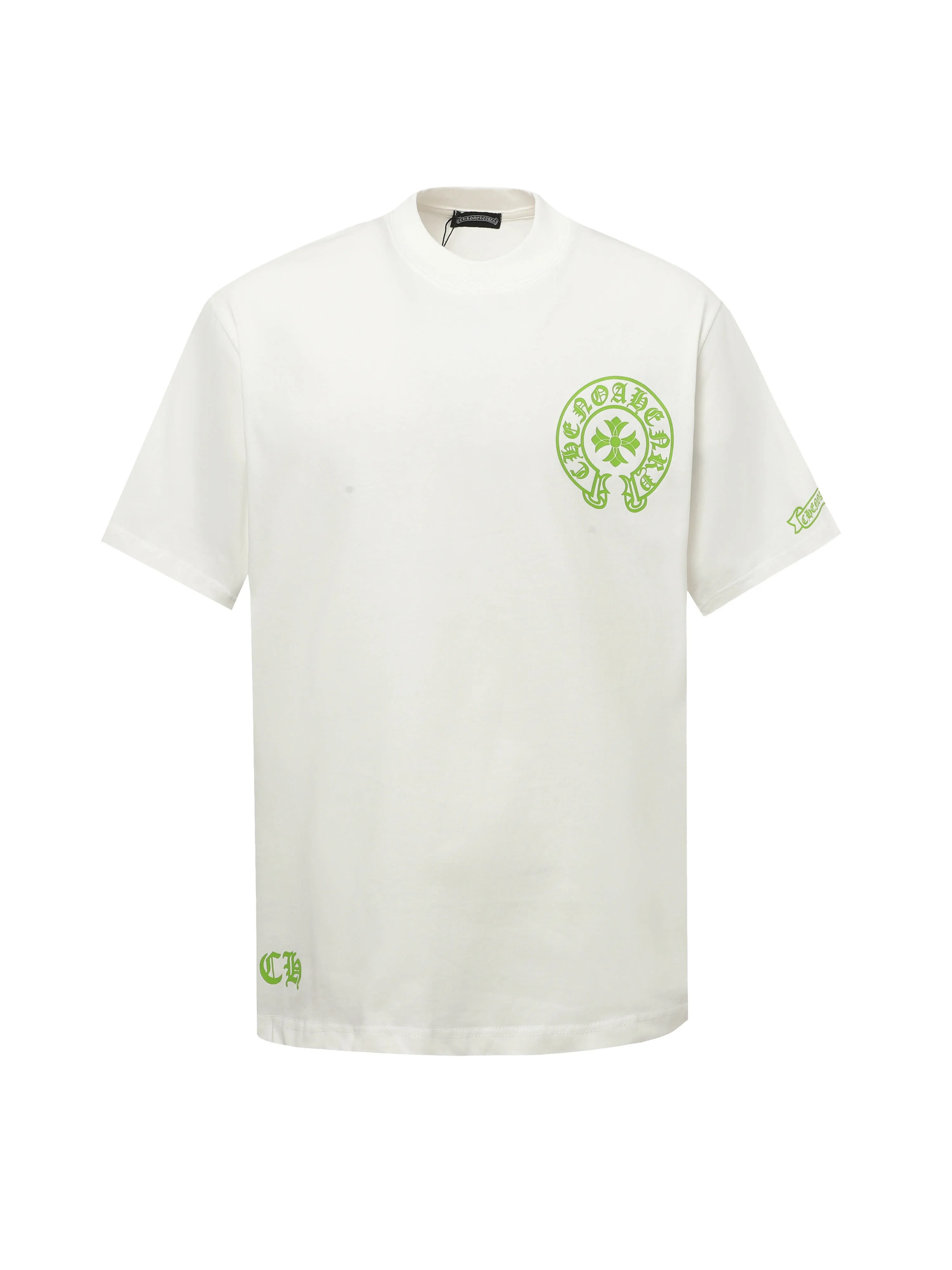 🅿️170 Chrome hearte/Chrome heart ch 25ss early spring Sanskrit horseshoe print short-sleeved T-shirt. A must-have item for daily commuting for men and women in light luxury. The correct version is welcome to compare. Detailed features: ·280g 100% cotton double yarn jersey fabric. ·Custom-dyed in the same cylinder, special thickened 32 pieces double-strand 1x1 thread. ·Double-needle cross-stitch technology. ·Original main mark washed tag. Color: black white. Size: XS-L